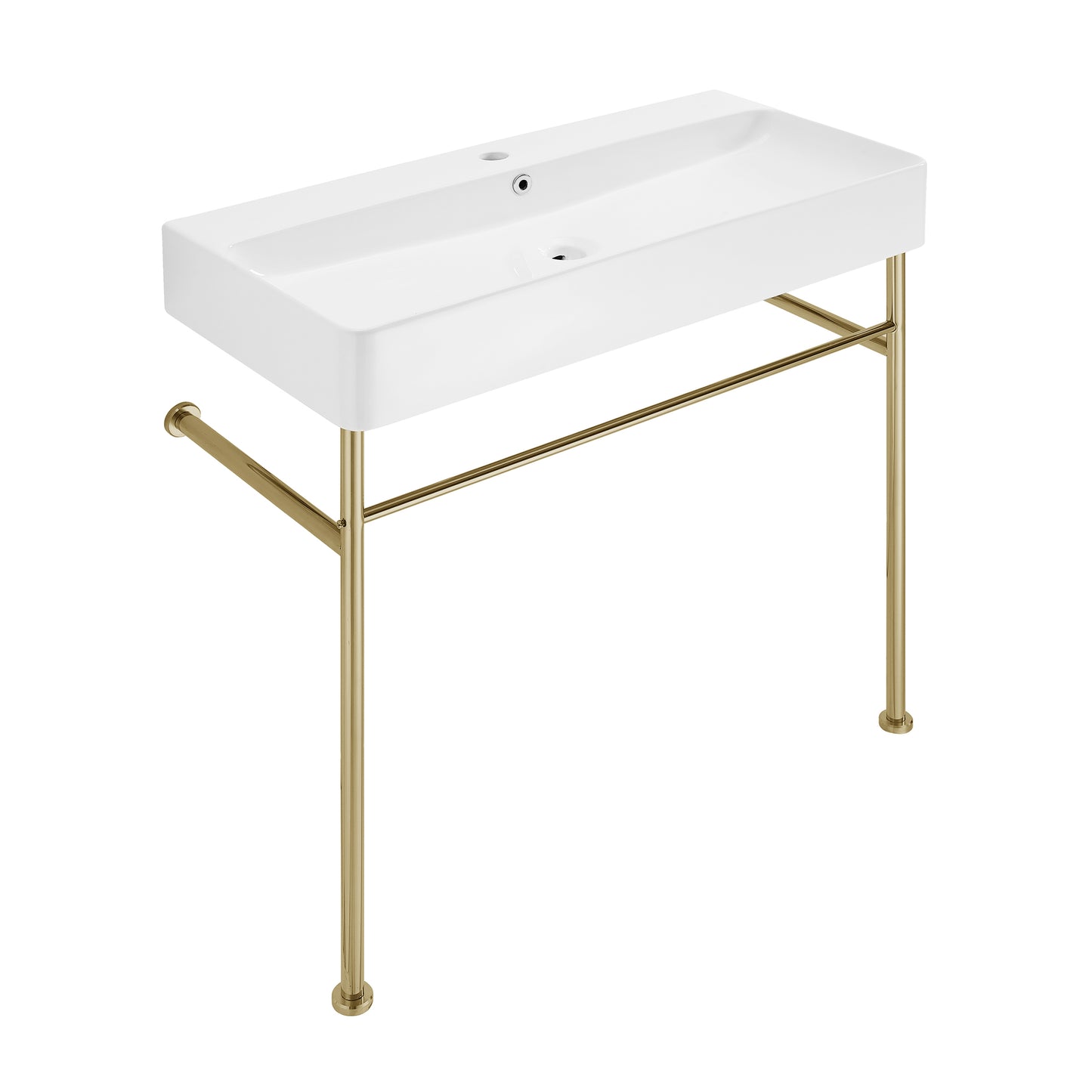 Swiss Madison, Carre 36 Ceramic Console Sink White Basin Gold Legs