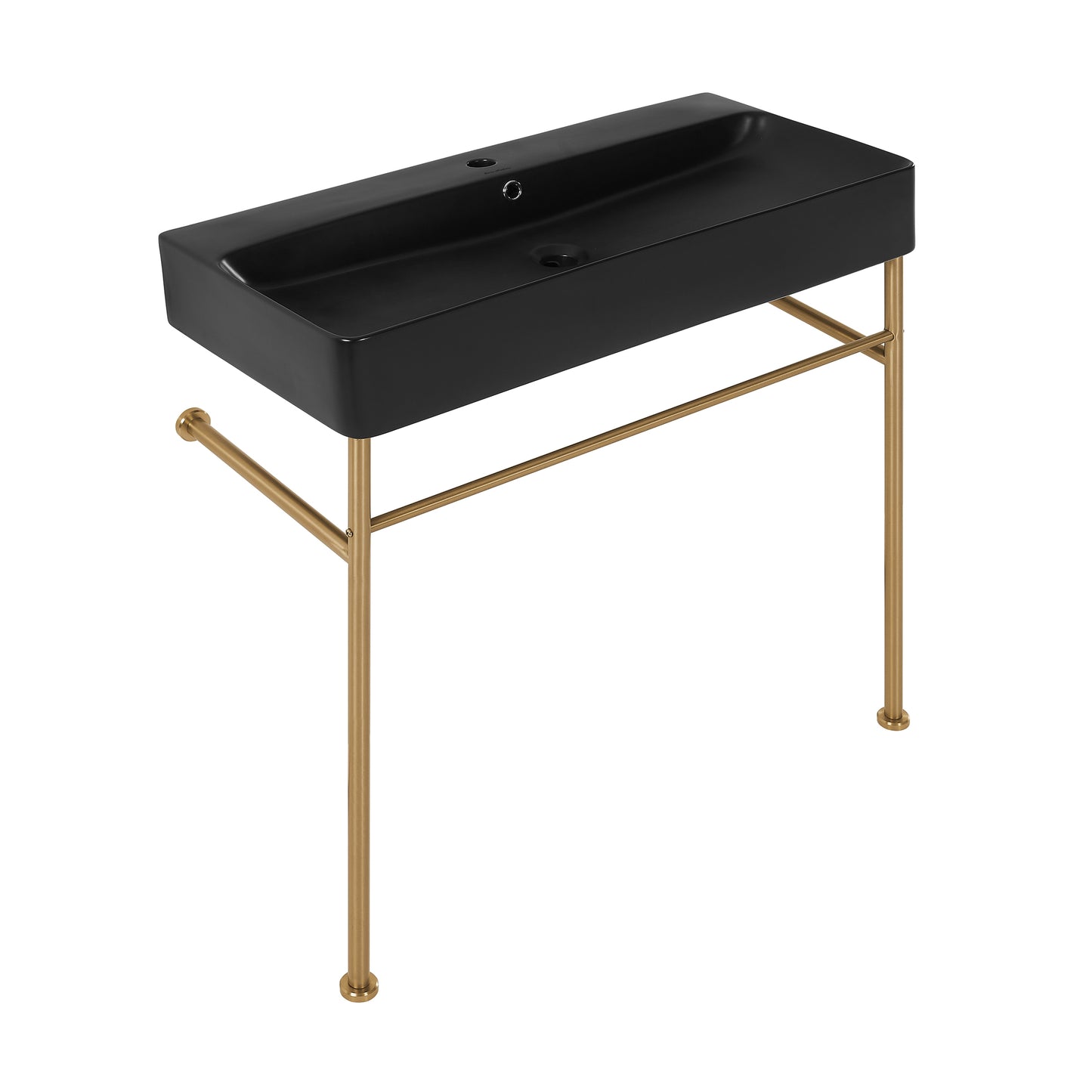 Swiss Madison, Carre 36 Ceramic Console Sink Matte Black Basin Brushed Gold Legs