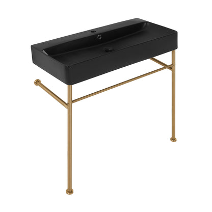 Swiss Madison, Carre 36 Ceramic Console Sink Matte Black Basin Brushed Gold Legs
