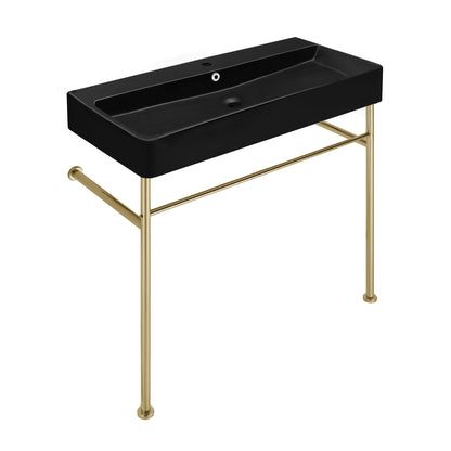 Swiss Madison, Carre 36 Ceramic Console Sink Matte Black Basin Gold Legs