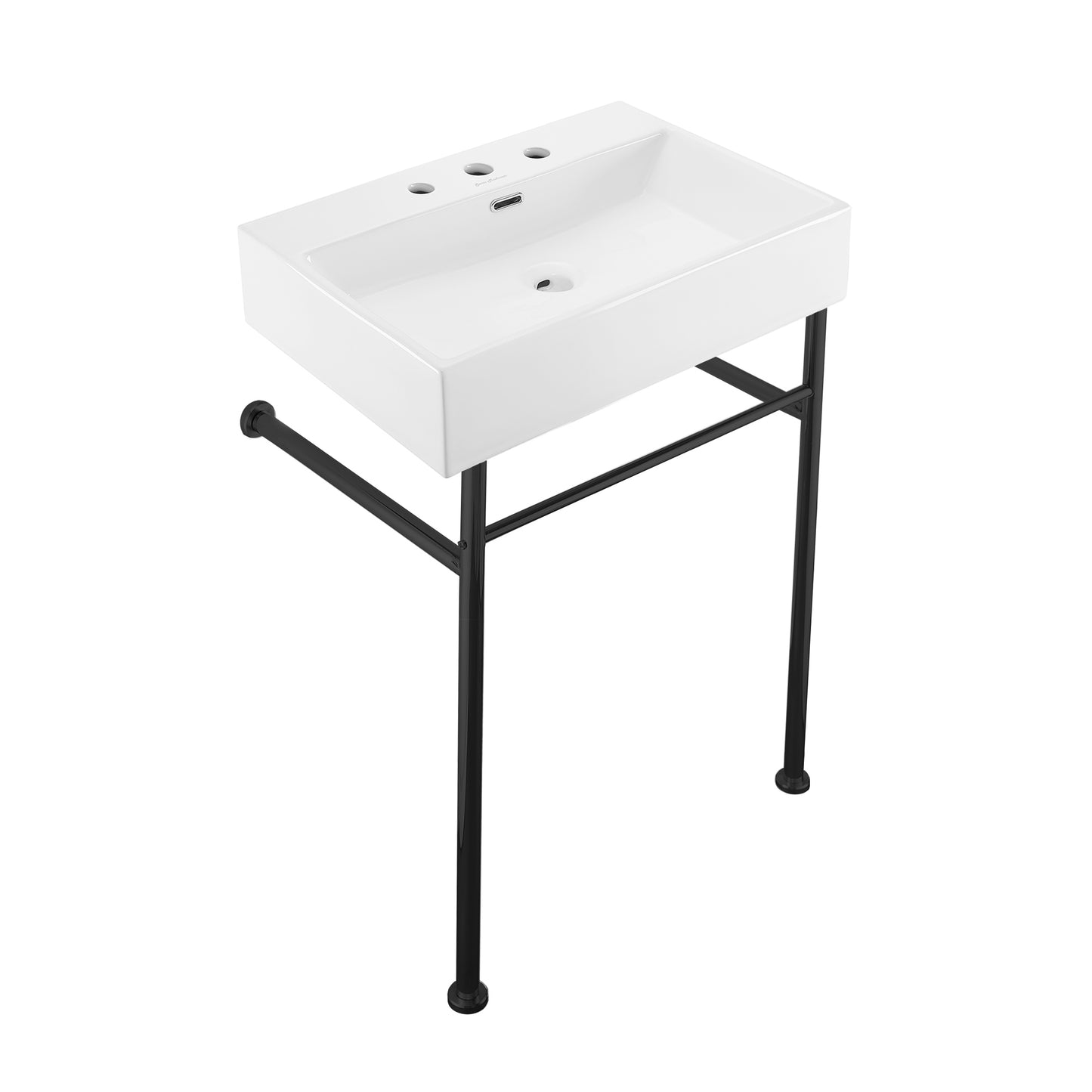 Swiss Madison, Claire 24" Console Sink White Basin Black Legs with 8" Widespread Holes
