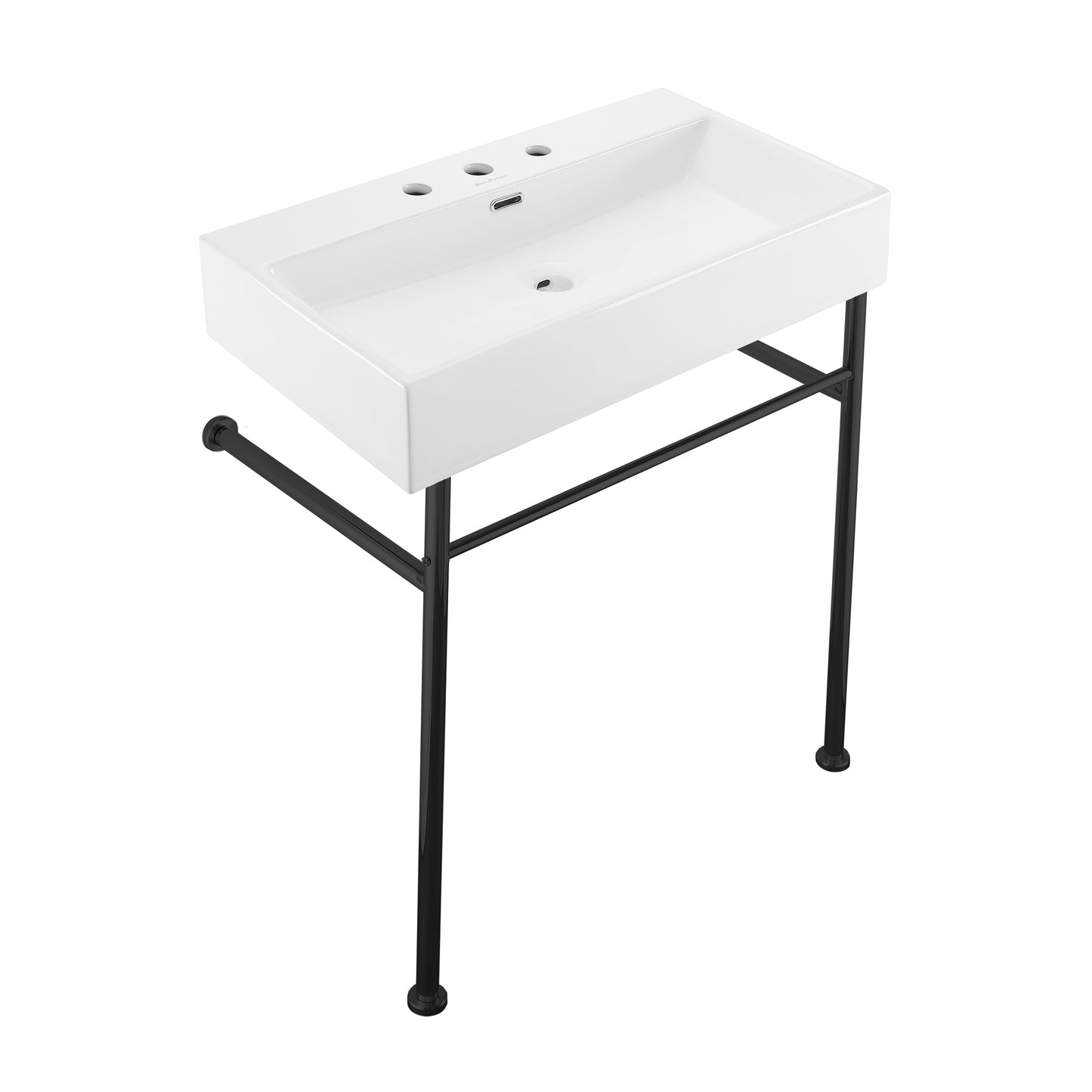 Swiss Madison, Claire 30" Console Sink White Basin Black Legs with 8" Widespread Holes
