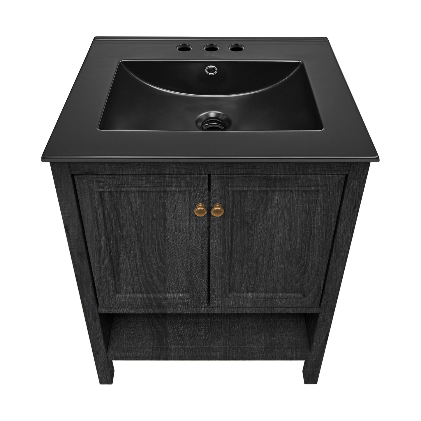 Swiss Madison, Chateau 24" Freestanding Bathroom Vanity in Black Oak with Black 3-Hole Centerset Sink Top
