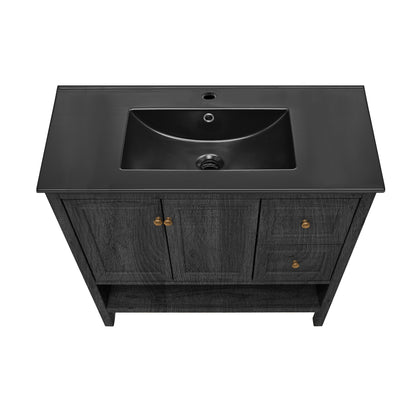 Swiss Madison, Chateau 36" Freestanding Bathroom Vanity in Black Oak with Black Sink Top