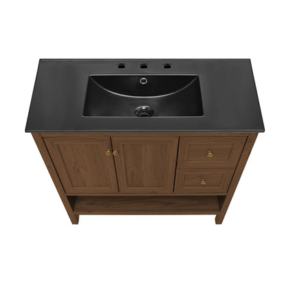 Swiss Madison, Chateau 36" Freestanding Bathroom Vanity in Brown Oak with Black 3-Hole Widespread Sink Top