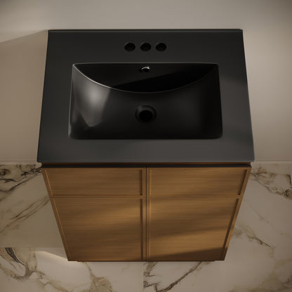 Swiss Madison, St. Tropez 24" Freestanding Bathroom Vanity in Brown Oak with Black 3-Hole Centerset Sink Top