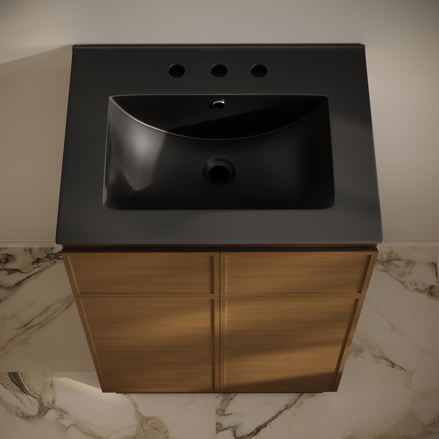 Swiss Madison, St. Tropez 24" Freestanding Bathroom Vanity in Brown Oak with Black 3-Hole Widespread Sink Top