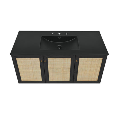 Swiss Madison, Classe 48" Wall-Mounted Bathroom Vanity in Black Oak with Black 3-Hole Widespread Sink Top