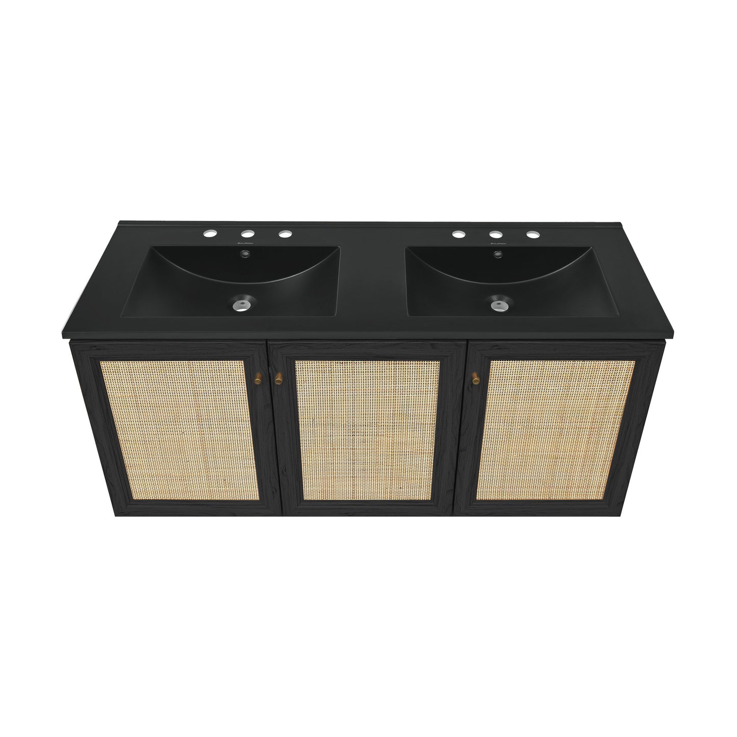 Swiss Madison, Classe 48" Wall-Mounted Bathroom Vanity in Black Oak with Black 3-Hole Widespread Double Basin Sink Top