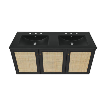 Swiss Madison, Classe 48" Wall-Mounted Bathroom Vanity in Black Oak with Black 3-Hole Widespread Double Basin Sink Top