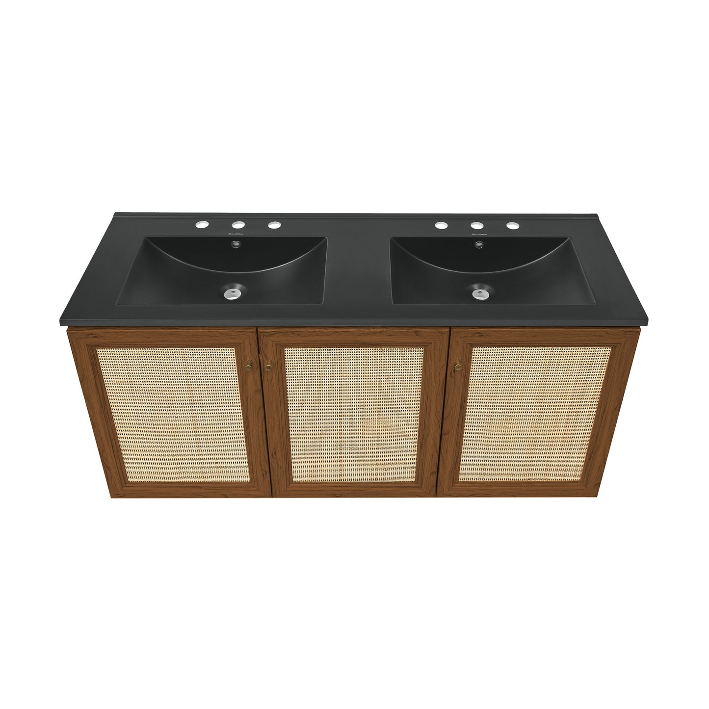 Swiss Madison, Classe 48" Wall-Mounted Bathroom Vanity in Brown Oak with Black 3-Hole Widespread Double Basin Sink Top