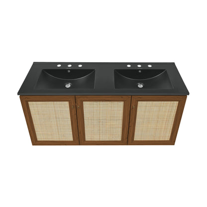 Swiss Madison, Classe 48" Wall-Mounted Bathroom Vanity in Brown Oak with Black 3-Hole Widespread Double Basin Sink Top
