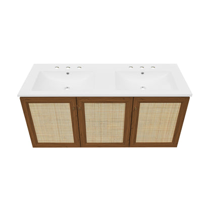 Swiss Madison, Classe 48" Wall-Mounted Bathroom Vanity in Brown Oak with 3-Hole Widespread Double Basin Sink Top