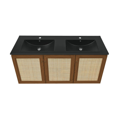 Swiss Madison, Classe 48" Wall-Mounted Bathroom Vanity in Brown Oak with Black Double Basin Sink Top