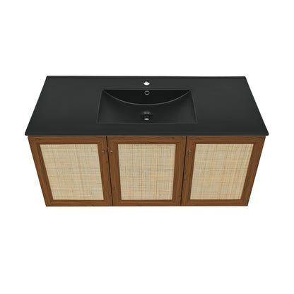 Swiss Madison, Classe 48" Wall-Mounted Bathroom Vanity in Brown Oak with Black Sink Top