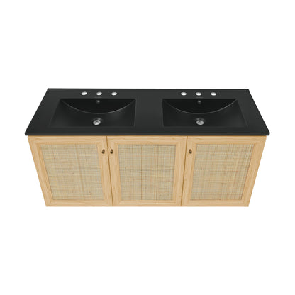 Swiss Madison, Classe 48" Wall-Mounted Bathroom Vanity in Natural Oak with Black 3-Hole Widespread Double Basin Sink Top