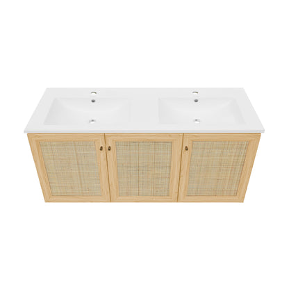 Swiss Madison, Classe 48" Wall-Mounted Bathroom Vanity in Natural Oak with Double Basin Sink Top