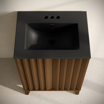 Swiss Madison, Troyes 24" Freestanding Bathroom Vanity in Brown Oak with Black 3-Hole Centerset Sink Top