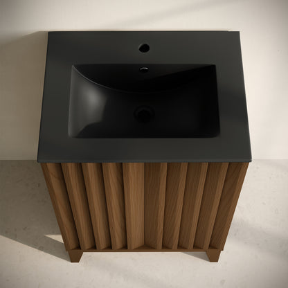 Swiss Madison, Troyes 24" Freestanding Bathroom Vanity in Brown Oak with Black Sink Top