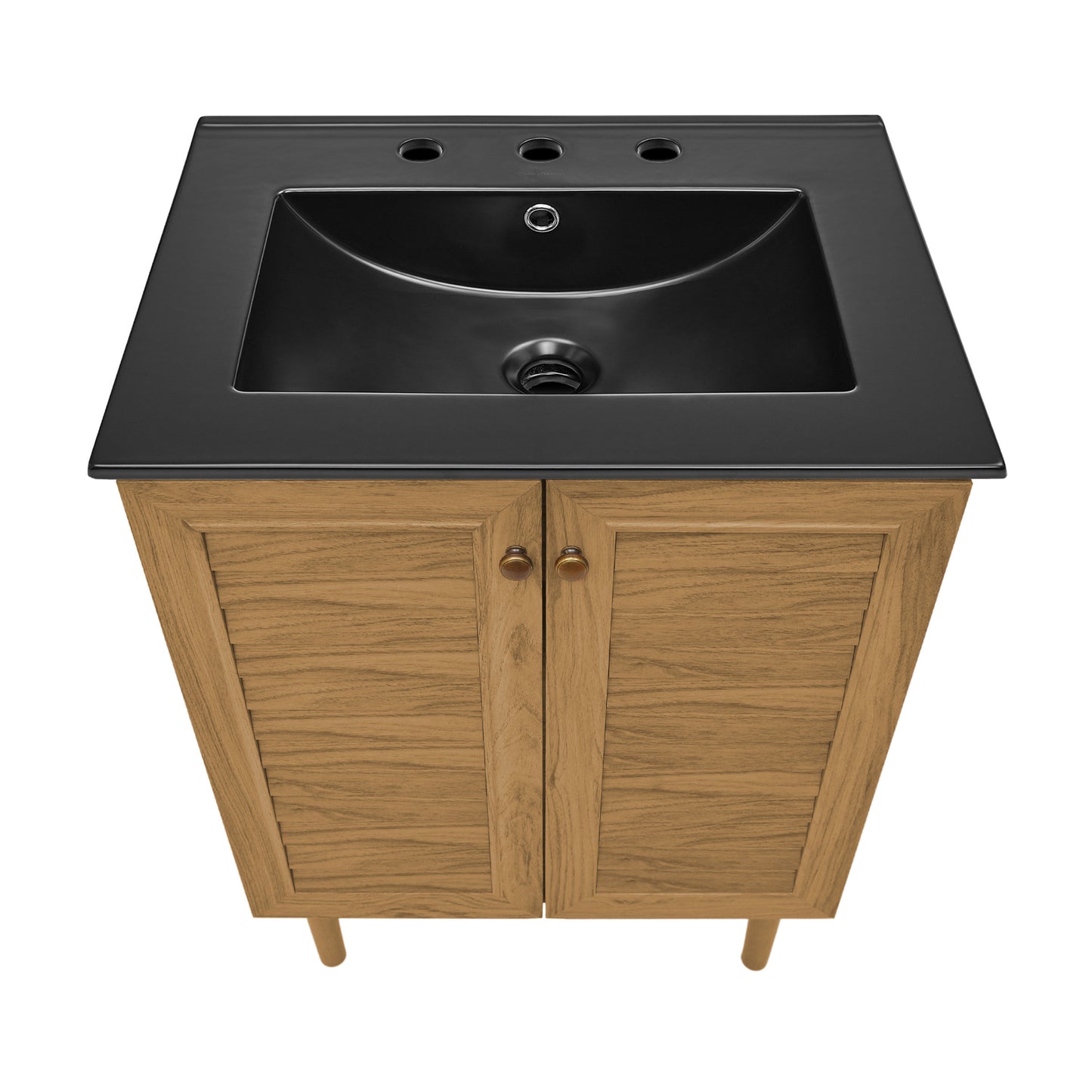 Swiss Madison, Bron 24" Freestanding Bathroom Vanity in Golden Oak with Black 3-Hole Centerset Sink Top
