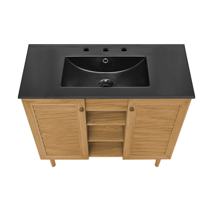 Swiss Madison, Bron 36" Freestanding Bathroom Vanity in Golden Oak with Black 3-Hole Widespread Sink Top