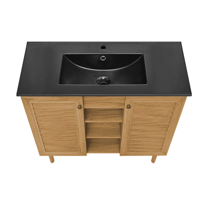 Swiss Madison, Bron 36" Freestanding Bathroom Vanity in Golden Oak with Black Sink Top