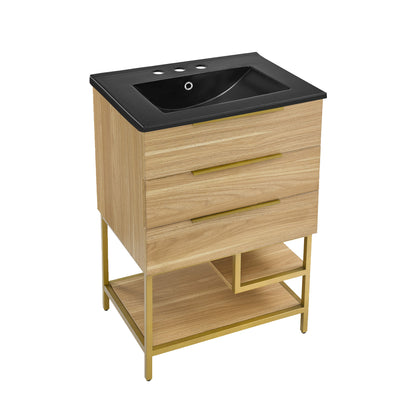 Swiss Madison, Carre 24 in. White Oak Bathroom Vanity With Black, 3-Hole Ceramic Sink Top