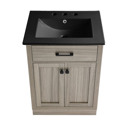 Swiss Madison, Burdon 24 in. Brown Oak Bathroom Vanity With Black, 3-Hole Ceramic Sink Top