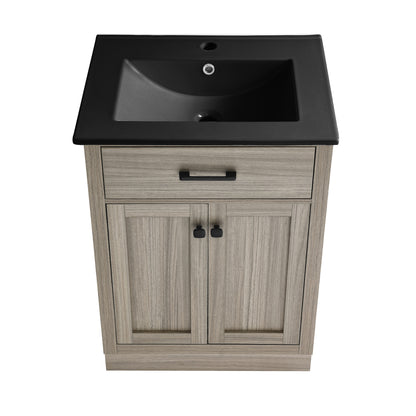 Swiss Madison, Burdon 24 in. Brown Oak Bathroom Vanity With Black Ceramic Sink Top