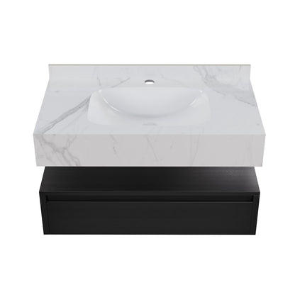 Swiss Madison, Avancer 36" Wall-Mounted Bathroom Vanity in Black Oak with White Marble Sink Top