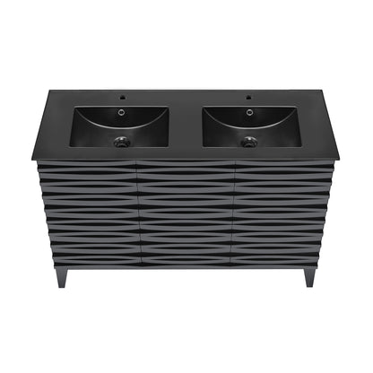 Swiss Madison, Cascade 48 in. Black Oak, Double Basin Bathroom Vanity With Black Ceramic Sink Top