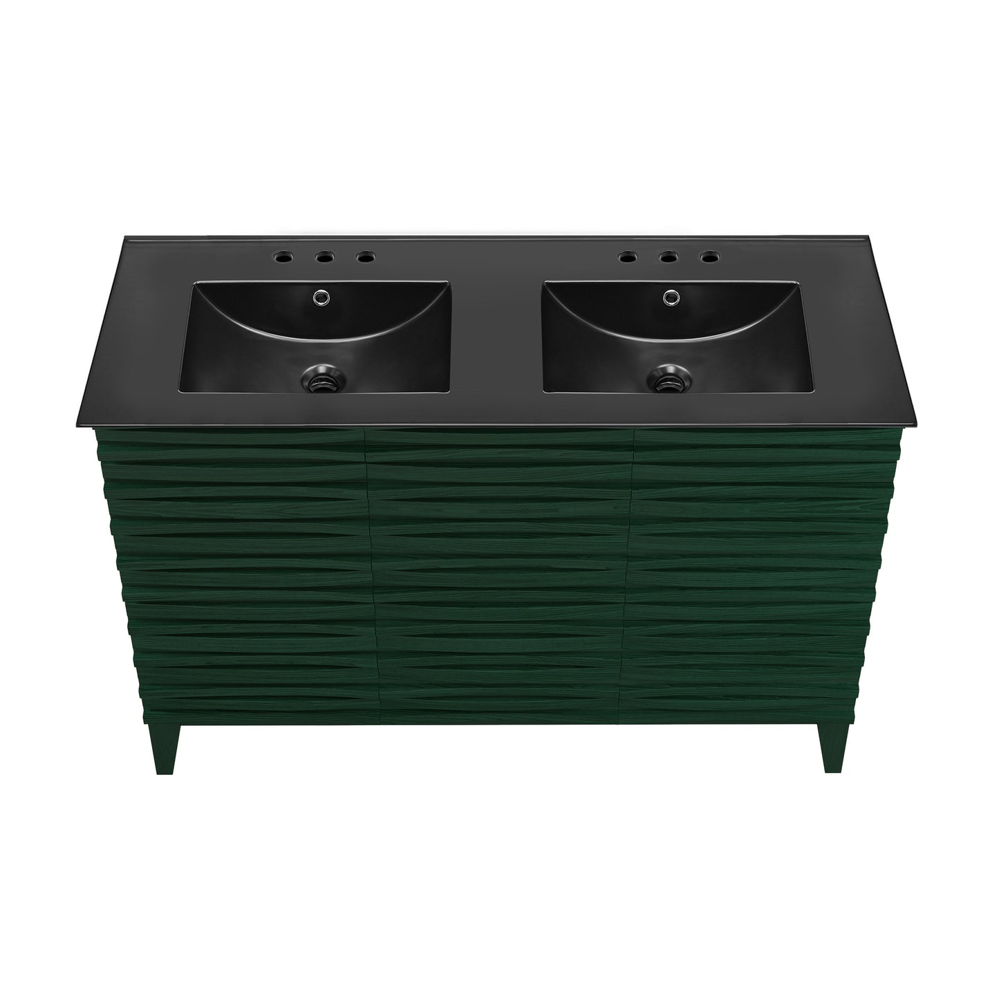 Swiss Madison, Cascade 48" Freestanding Bathroom Vanity in Green Oak with Black 3-Hole Widespread Double Basin Sink Top