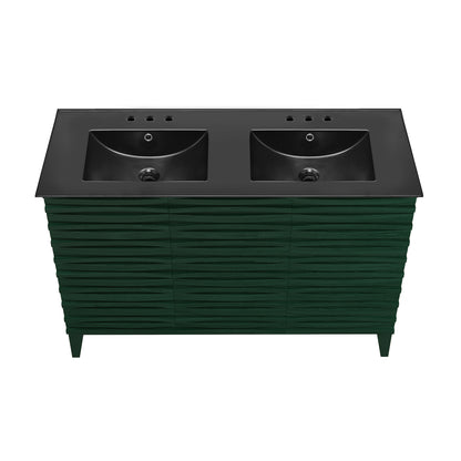 Swiss Madison, Cascade 48" Freestanding Bathroom Vanity in Green Oak with Black 3-Hole Widespread Double Basin Sink Top