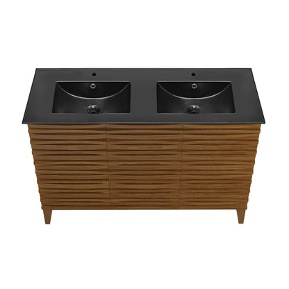 Swiss Madison, Cascade 48 in. Brown Oak, Double Basin Bathroom Vanity With Black Ceramic Sink Top