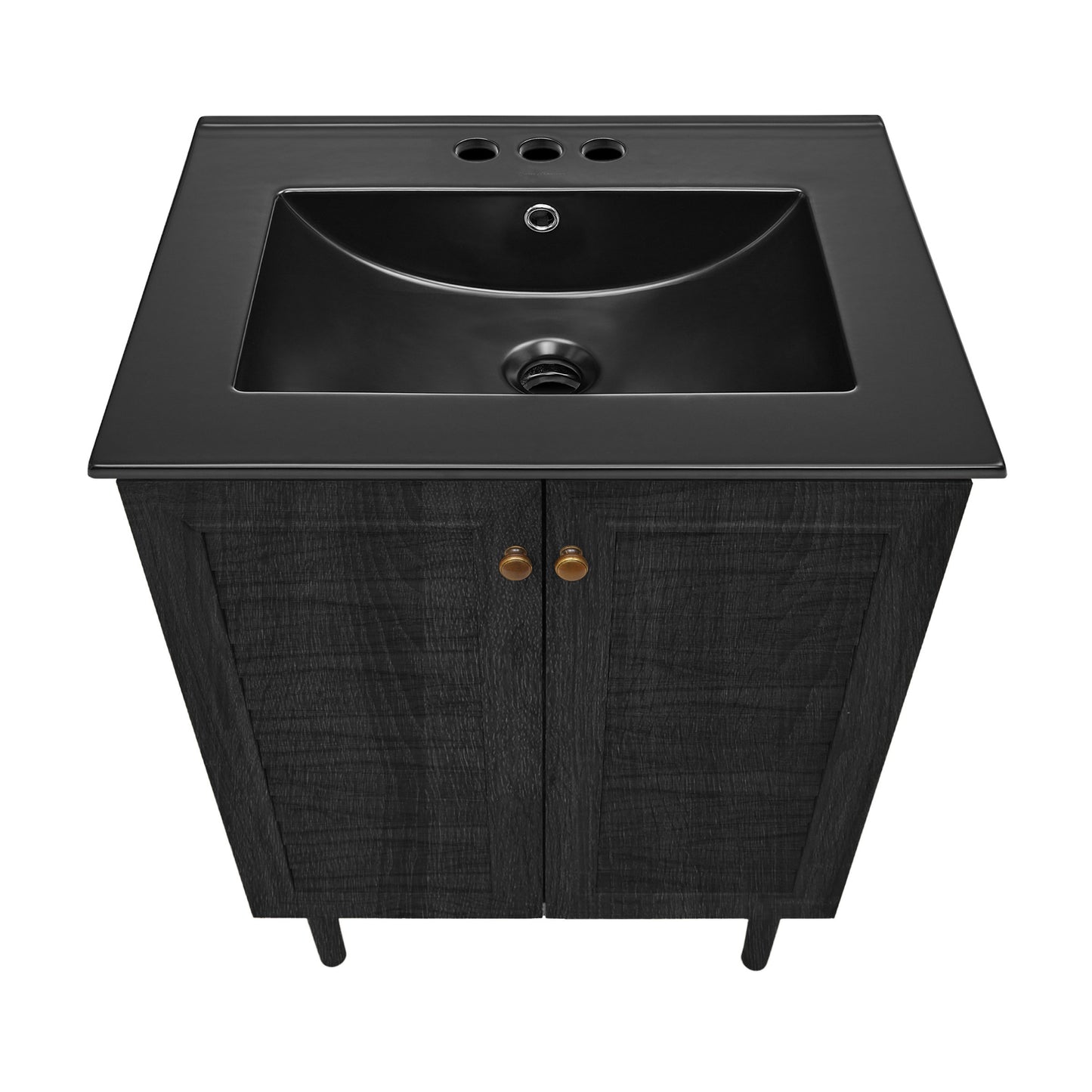 Swiss Madison, Bron 24" Freestanding Bathroom Vanity in Black Oak with Black 3-Hole Centerset Sink Top