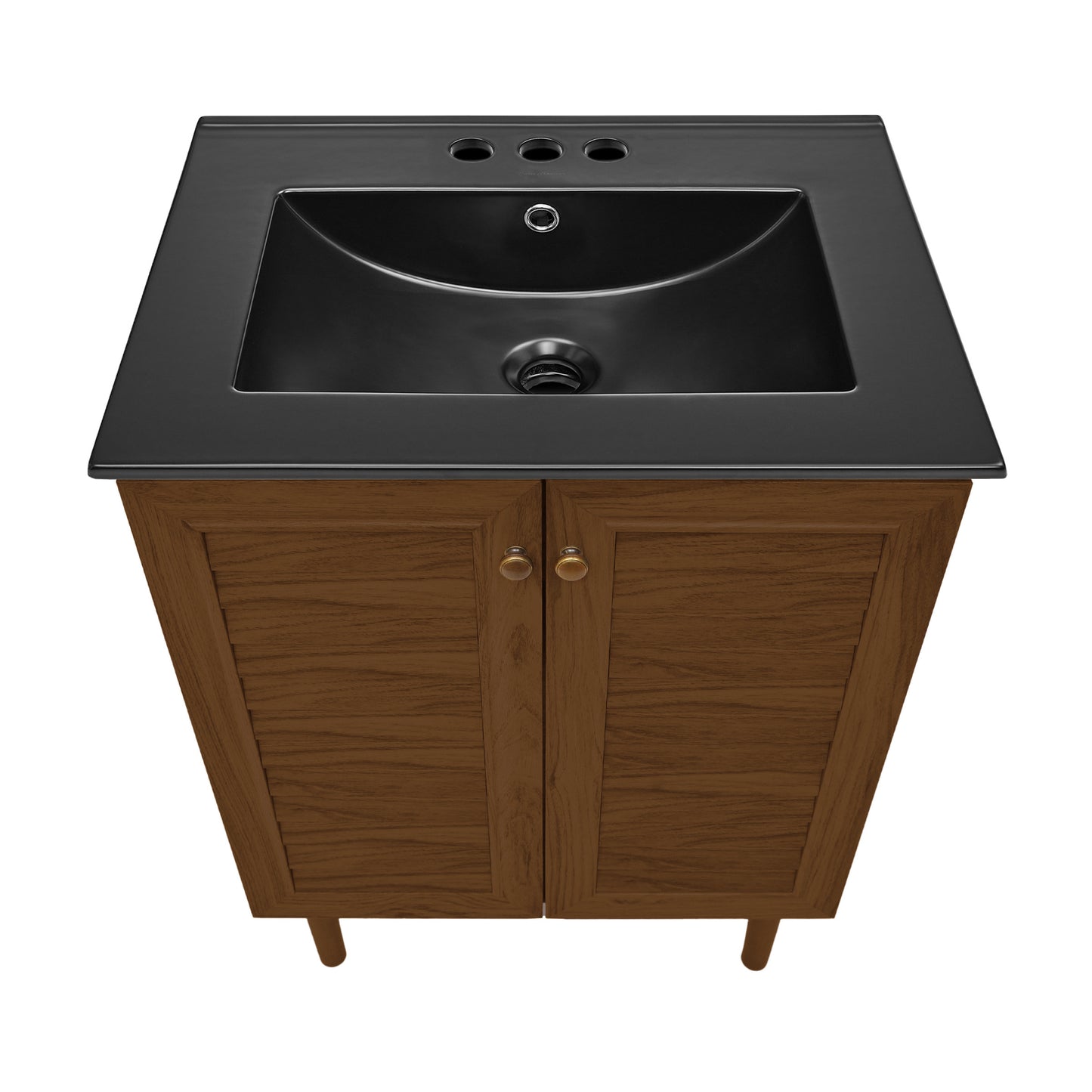 Swiss Madison, Bron 24" Freestanding Bathroom Vanity in Brown Oak with Black 3-Hole Centerset Sink Top