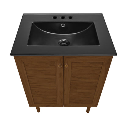 Swiss Madison, Bron 24" Freestanding Bathroom Vanity in Brown Oak with Black 3-Hole Centerset Sink Top