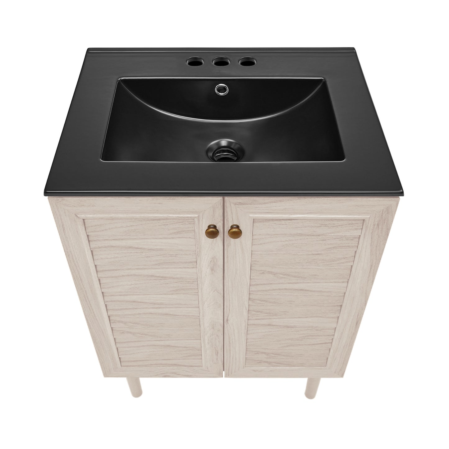 Swiss Madison, Bron 24" Freestanding Bathroom Vanity in White Oak with Black 3-Hole Centerset Sink Top