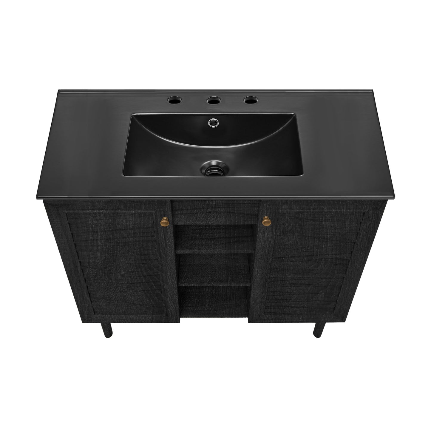 Swiss Madison, Bron 36" Freestanding Bathroom Vanity in Black Oak with Black 3-Hole Widespread Sink Top