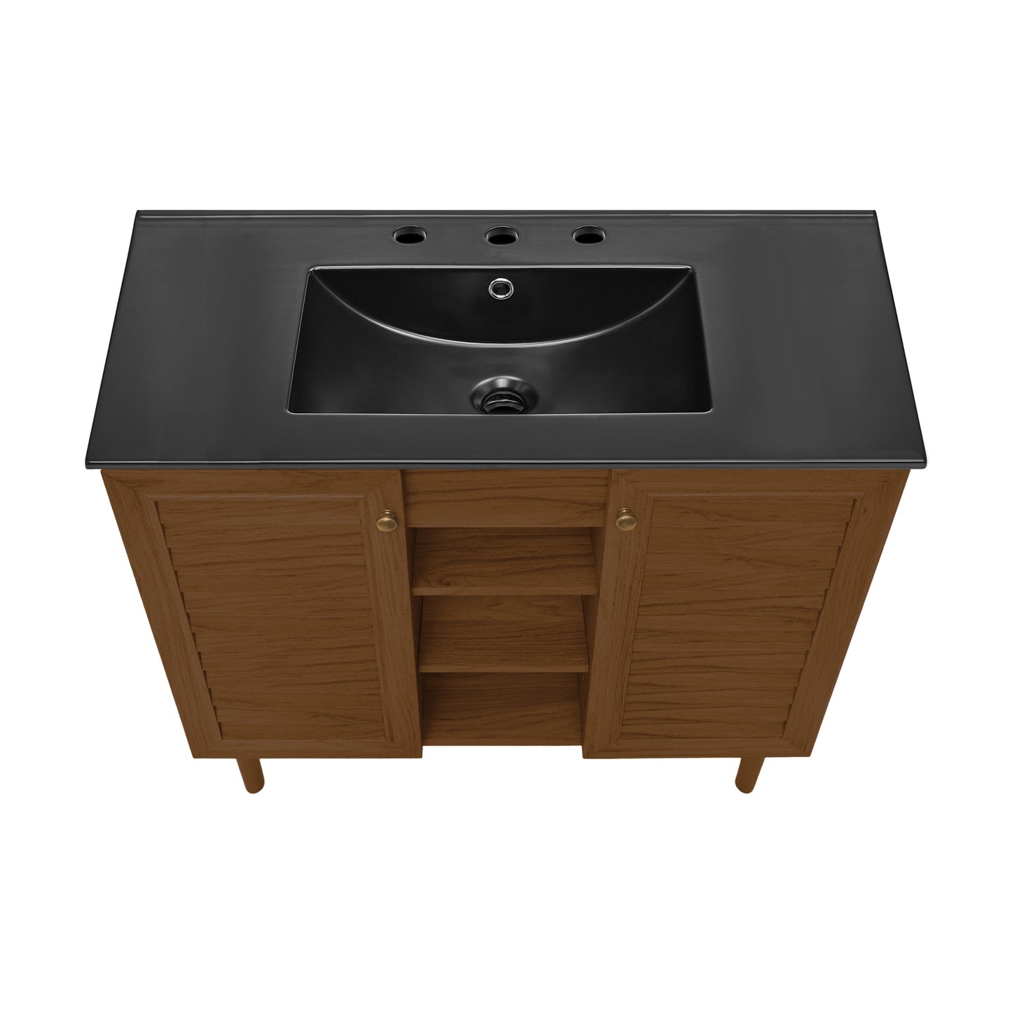 Swiss Madison, Bron 36" Freestanding Bathroom Vanity in Brown Oak with Black 3-Hole Widespread Sink Top
