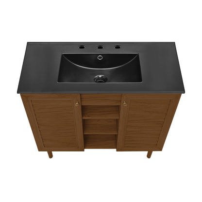 Swiss Madison, Bron 36" Freestanding Bathroom Vanity in Brown Oak with Black 3-Hole Widespread Sink Top