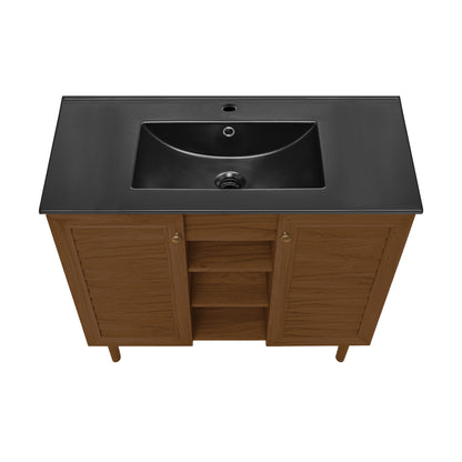 Swiss Madison, Bron 36" Freestanding Bathroom Vanity in Brown Oak with Black Sink Top