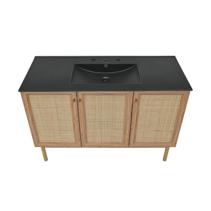 Swiss Madison, Classe 48" Freestanding Bathroom Vanity in Golden Oak with Black 3-Hole Widespread Sink Top