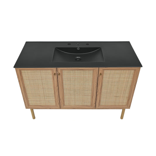 Swiss Madison, Classe 48" Freestanding Bathroom Vanity in Golden Oak with Black 3-Hole Widespread Sink Top