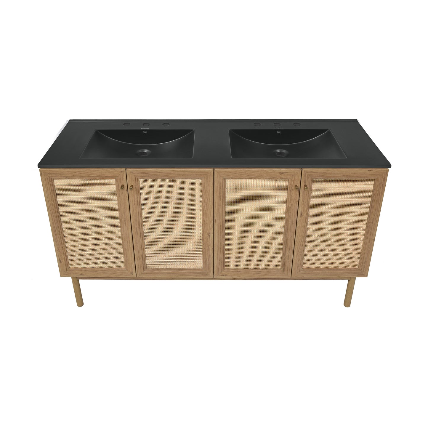 Swiss Madison, Classe 60" Freestanding Bathroom Vanity in Golden Oak with Black 3-Hole Widespread Double Basin Sink Top