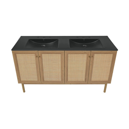 Swiss Madison, Classe 60" Freestanding Bathroom Vanity in Golden Oak with Black 3-Hole Widespread Double Basin Sink Top