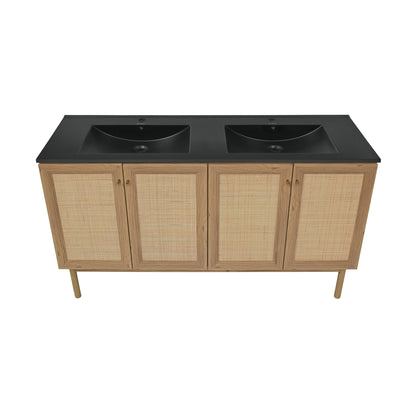 Swiss Madison, Classe 60" Freestanding Bathroom Vanity in Golden Oak with Black Double Basin Sink Top