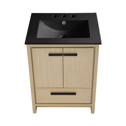 Swiss Madison, Virage 24 in. Brown Oak Bathroom Vanity With Black, 3-Hole Ceramic Sink Top