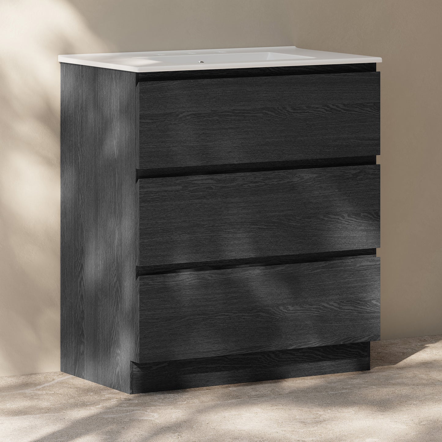Swiss Madison, Liberte 30" Freestanding Bathroom Vanity in Black Oak with 3-Hole Widespread Sink Top