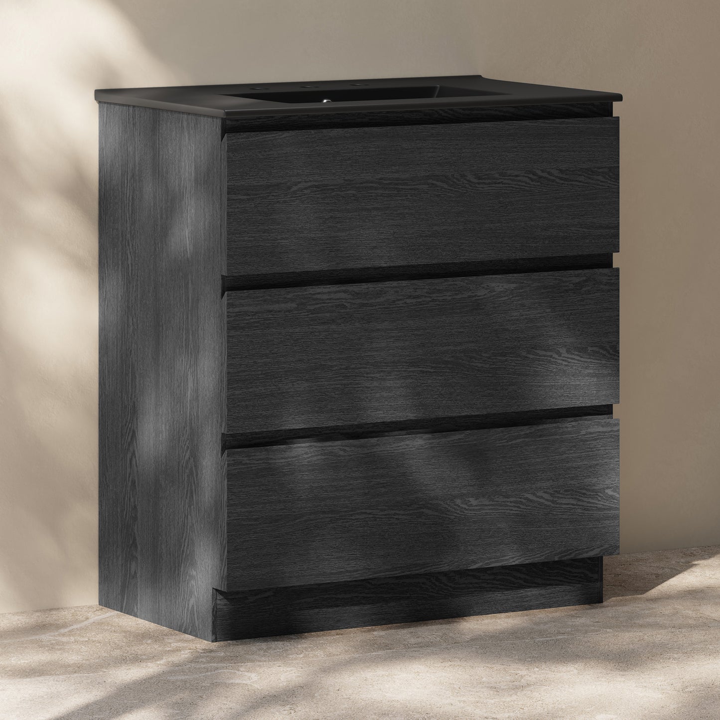 Swiss Madison, Liberte 30" Freestanding Bathroom Vanity in Black Oak with Black 3-Hole Widespread Sink Top